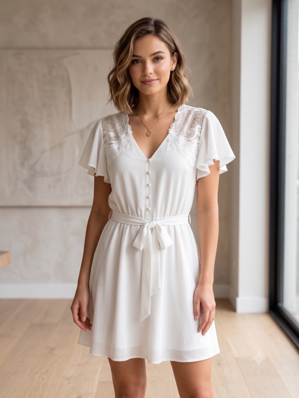 BB Dakota White Lace Detail Flutter Sleeve V-Neck Mini Dress Size M